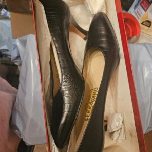 Salvatore Ferragamo Black Croc-Embossed Leather Pumps (Boxed) - Image 3