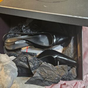 Prada Black Patent Leather Pointed-Toe Slingback Heels (Boxed) - Image 4