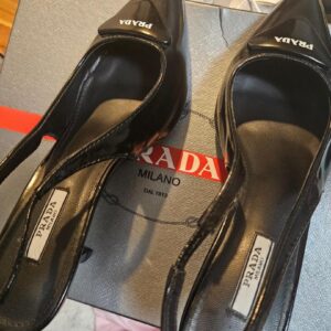 Prada Black Patent Leather Pointed-Toe Slingback Heels (Boxed) - Image 6