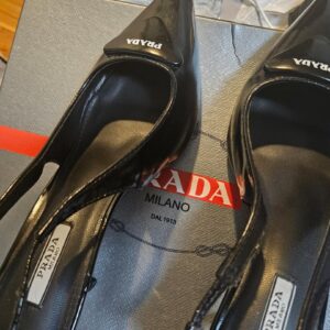 Prada Black Patent Leather Pointed-Toe Slingback Heels (Boxed) - Image 7