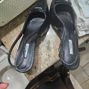 Prada Black Patent Leather Pointed-Toe Slingback Heels (Boxed) - Image 8