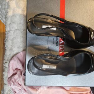 Prada Black Patent Leather Pointed-Toe Slingback Heels (Boxed) - Image 12