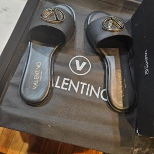 Valentino Black Leather V-Logo Slide Sandals (Boxed) - Image 6